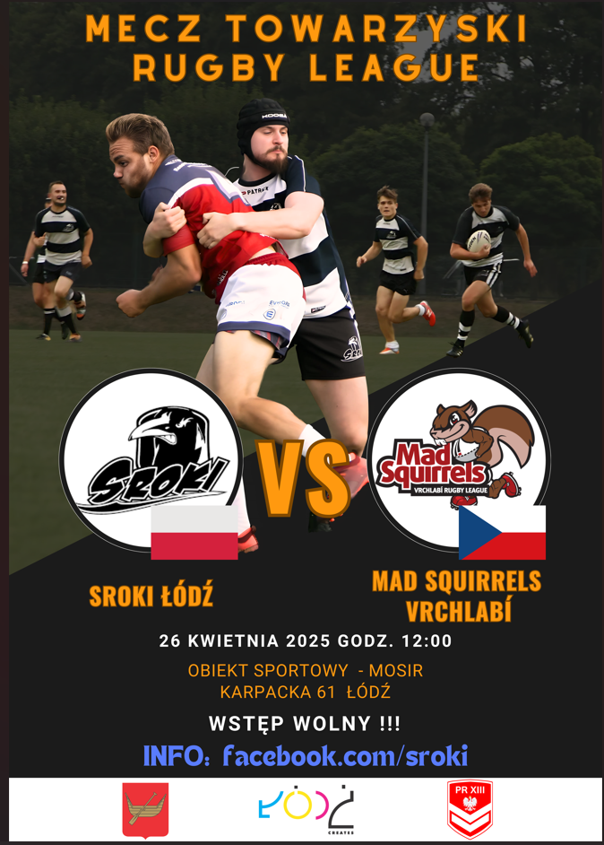 Plakat promujący mecz rugby league między Srokami łódź a Mad squirrels Vrchlabi